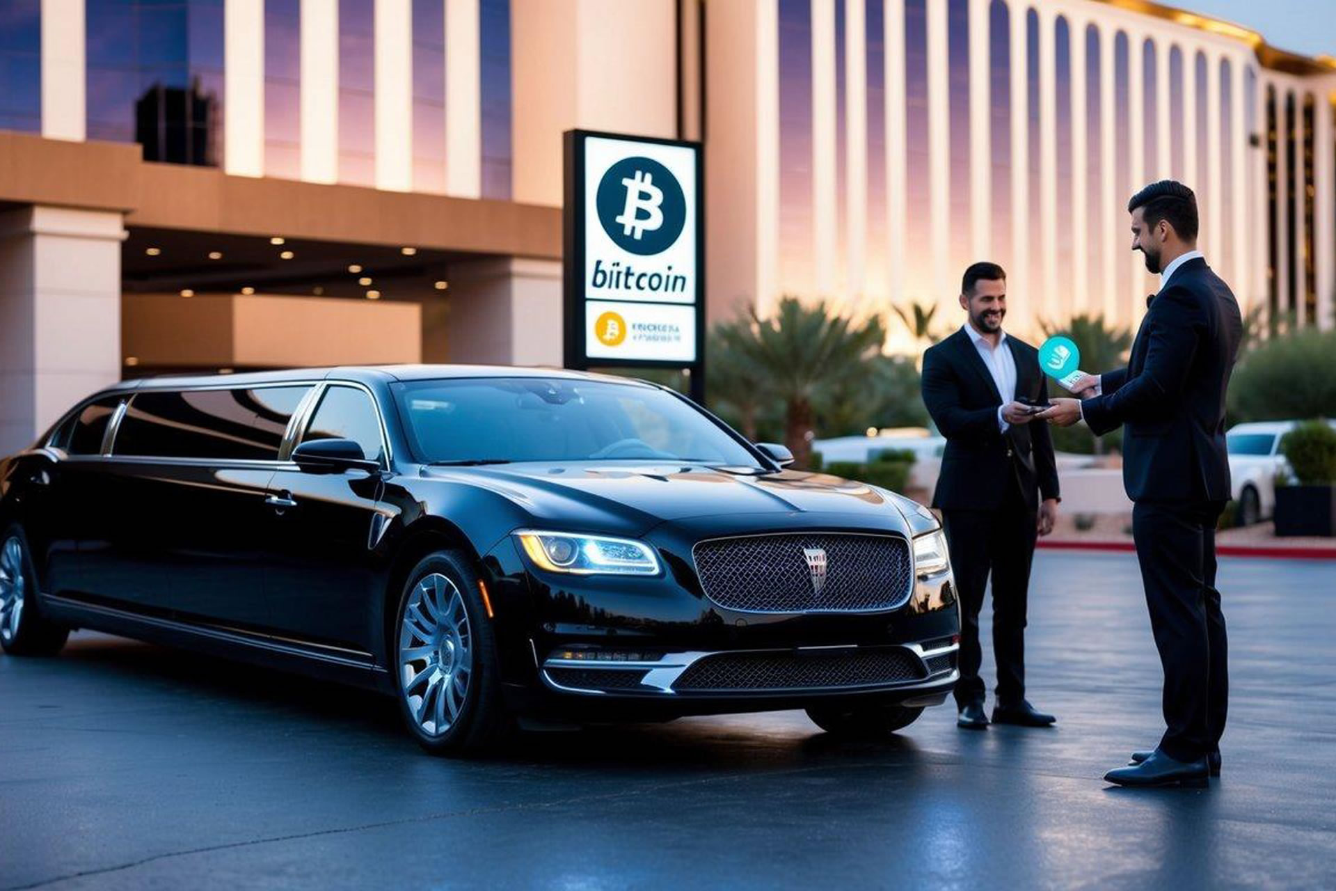 A luxurious limousine parked outside a Las Vegas hotel, with a sleek, modern exterior and a sign displaying the Bitcoin logo, as a passenger hands over a digital payment to the driver