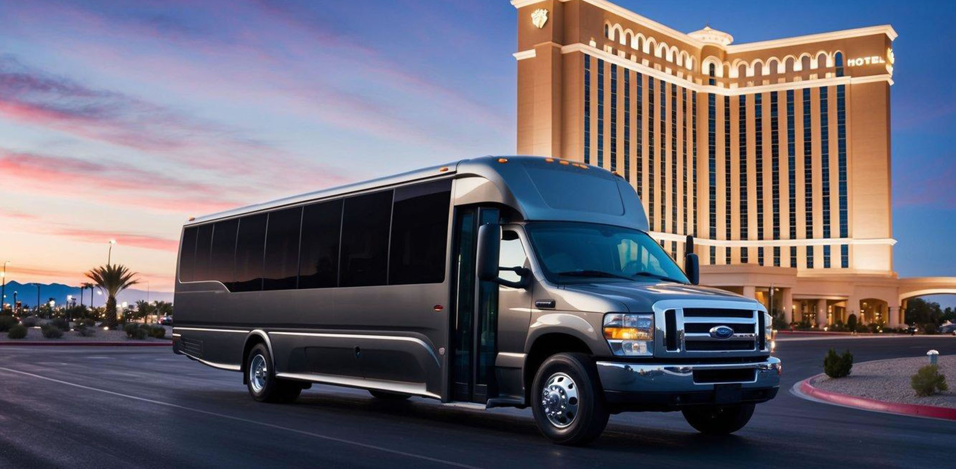 A sleek charter bus pulls up to a Las Vegas hotel, ready to transport a group of business professionals for a corporate event